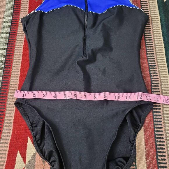 Vtg 90s Miraclesuit One Piece Swimsuit Sz 10 Black Blue Front Zip Bathing Suit - Picture 6 of 7